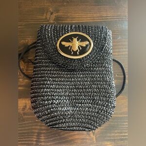 Wimberly Black Straw Woven Bag with Gold Bee Accent